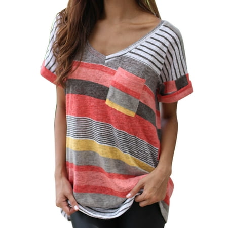 Plus Size Women Summer Short Sleeve T-shirt Blouse Ladies Loose Irregular Striped Print V Neck Tops