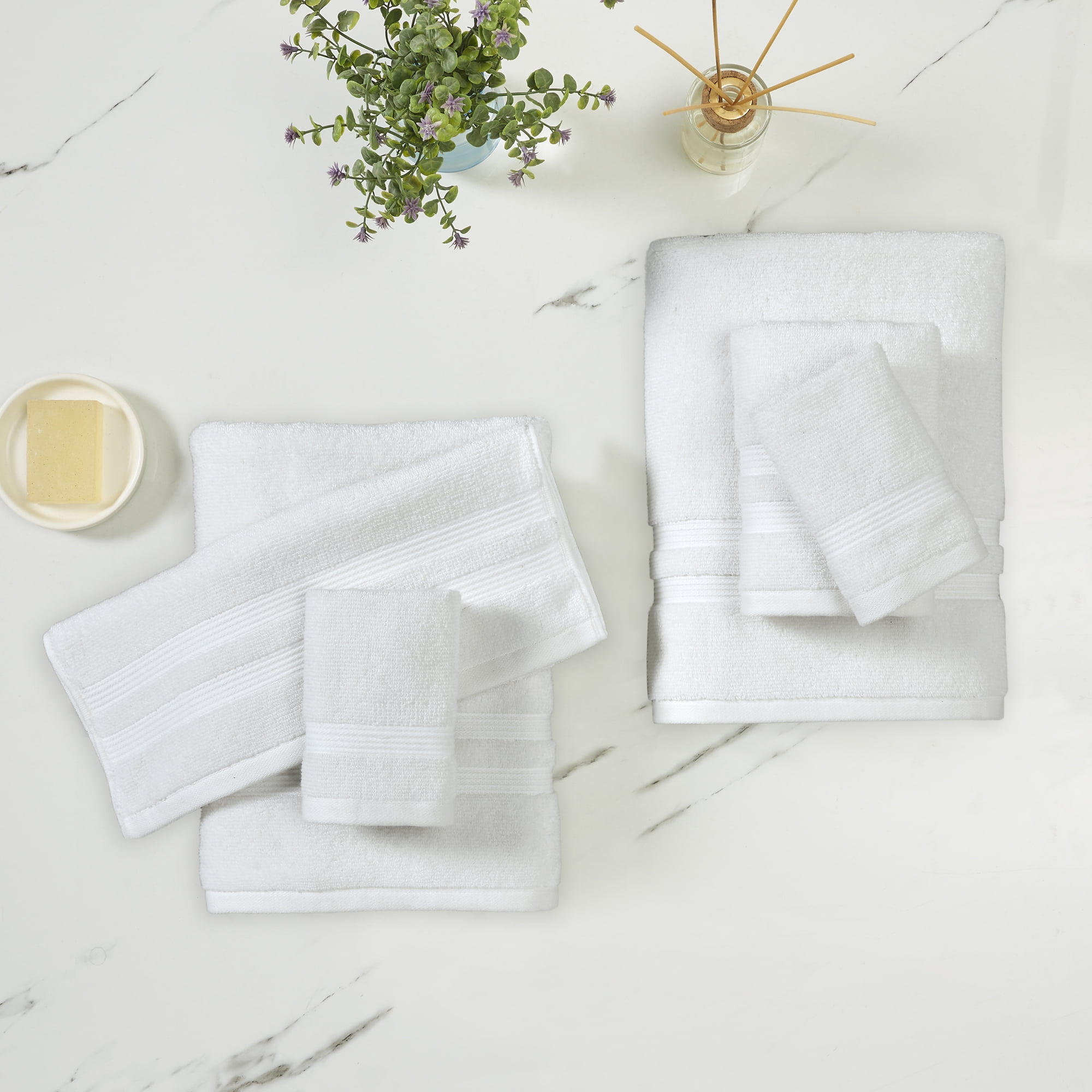 Mainstays Performance Cotton 6-Piece Bath Towel Set, Super Soft Quick Dry Fade Resistant, Solid White