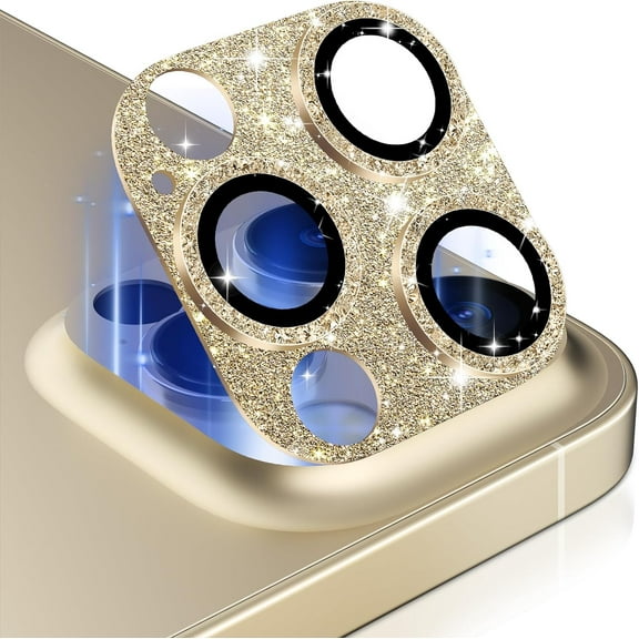 Bling Camera Lens Protector for iPhone 15 Pro/iPhone 15 Pro Max, Shining Metal Ring Tempered Glass Back Screen Cover Film for 15Pro / 15 ProMax, Glitter Gold