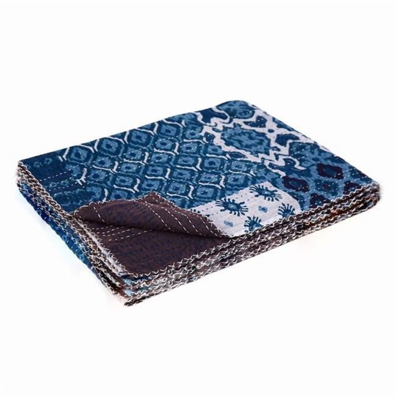 HomeRoots 544529 50 x 70 in. Black & Blue Ikat Cotton Quilted Kantha Throw Blanket with Embroidery