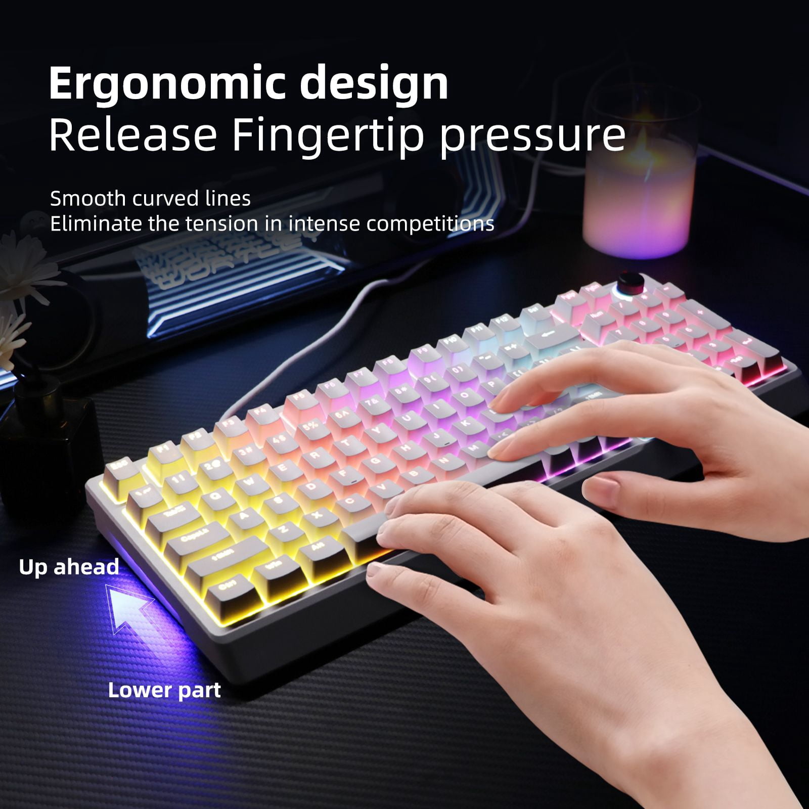 98 Keys Hot Swappable Mechanical Gaming Keyboard with Multifunctional Knob, Side RGB Strip Light, Adjustable Foldable Stand & Full Key Anti-ghosting