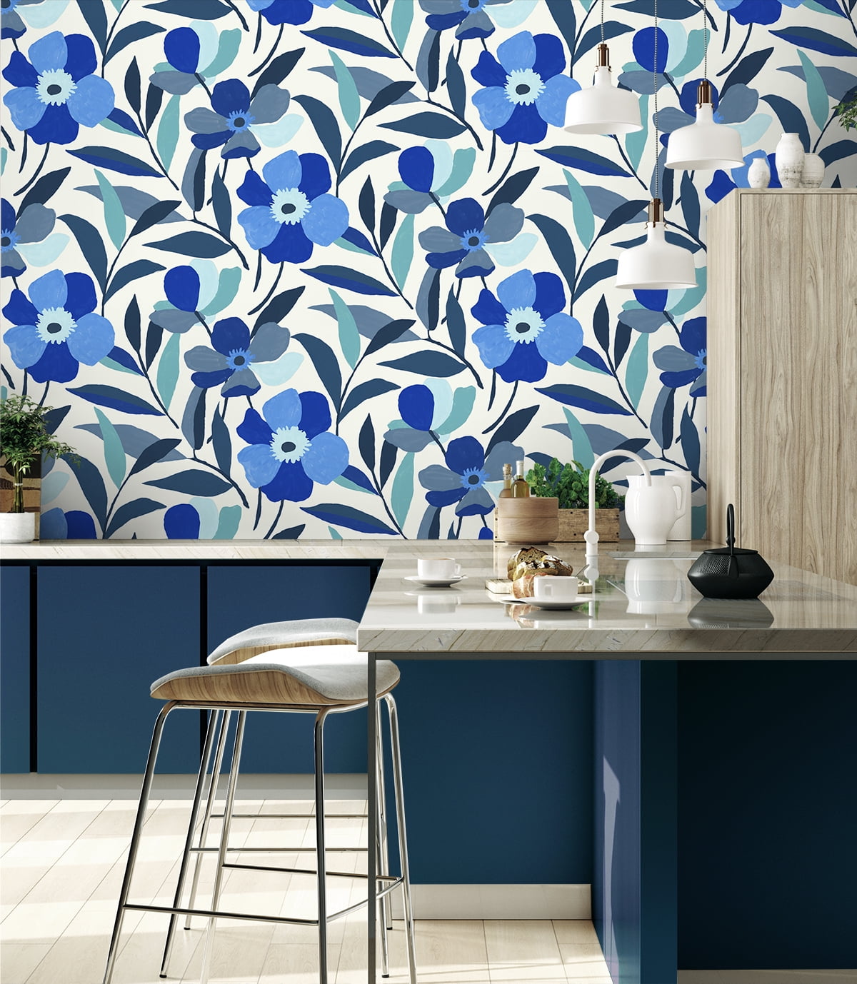 NextWall Cobalt Blue & Lagoon Garden Block Floral Peel and Stick Wallpaper