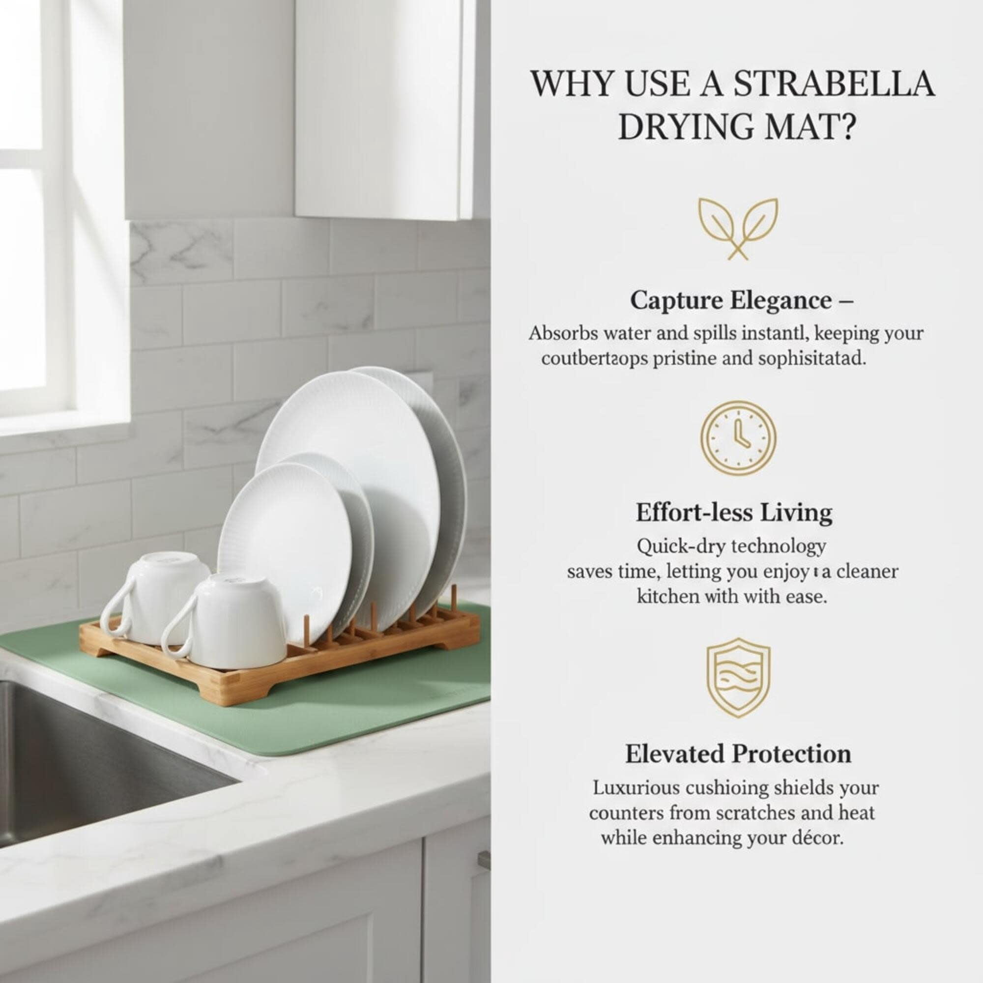 STRABELLA: Dish Drying Mat - 16x18", Sage - Super Water Absorbent, Quick Dry Foam, Multi-Purpose, Kitchen Countertops, Non-Slip, Machine Washable