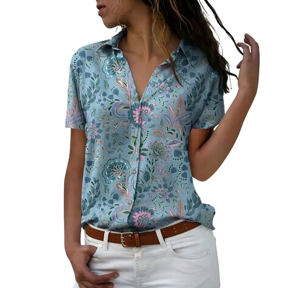 Ltpwer Women's Boho Tops Floral Vintage Peasant Tops Short Sleeve Button Down Shirts Hawaiian Shirt Plants Print Business Casual Work Tops Summer Outfits Blue L