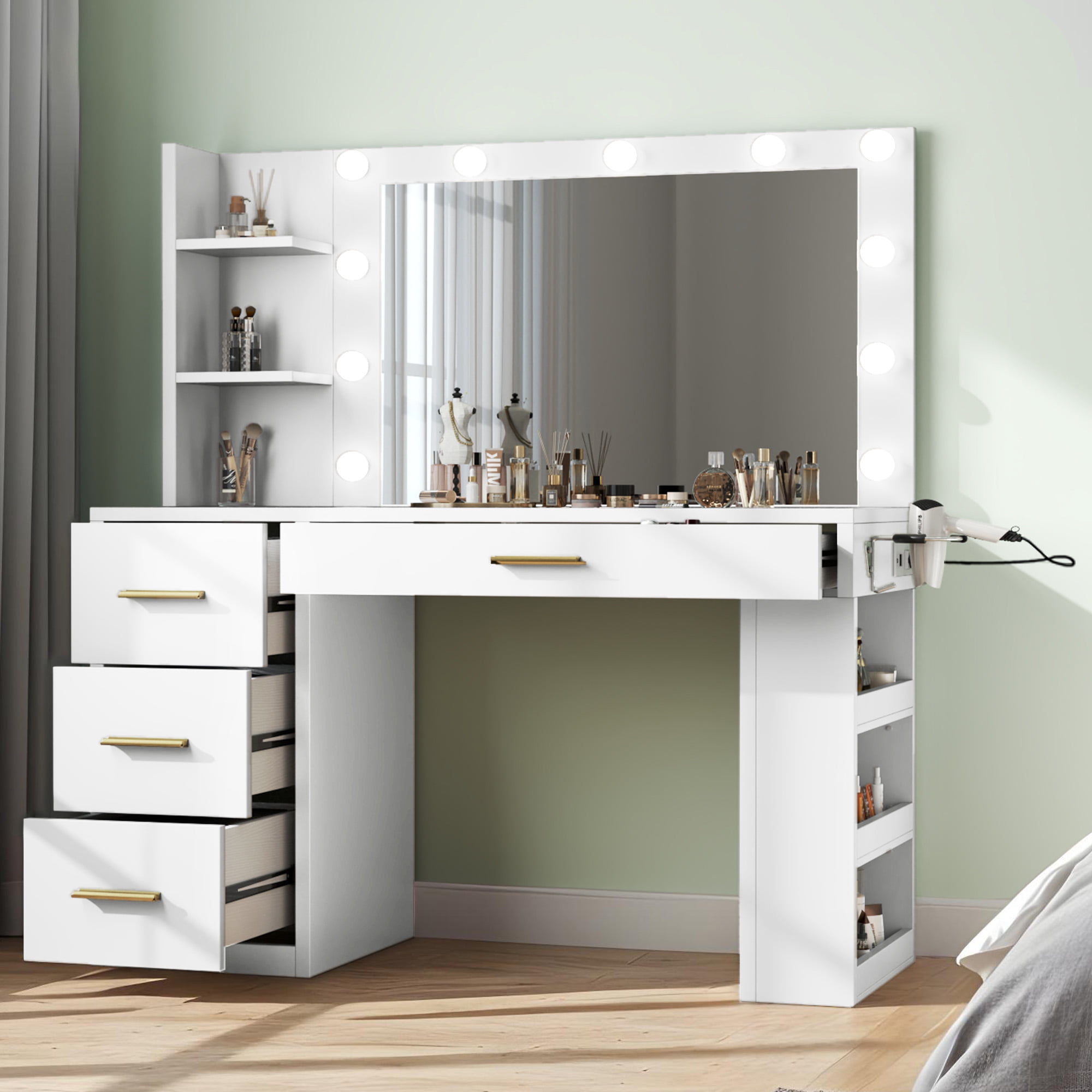 Uforic Adults' Makeup Vanity – Modern White Desk with 3-Color Lights, Storage Shelves, 4 Drawers & USB Charging Station