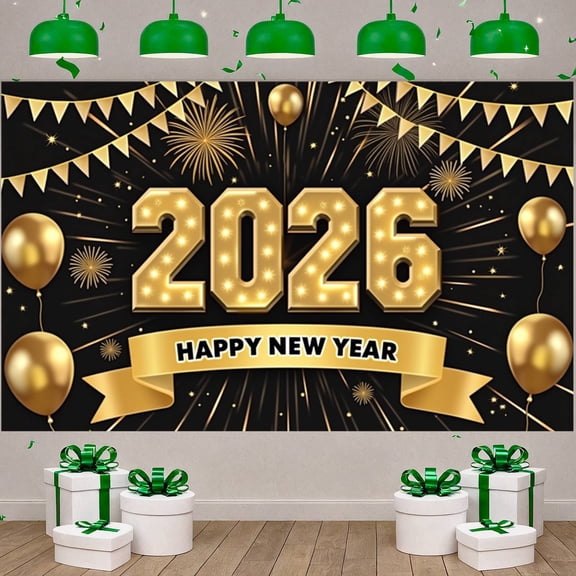 Gold Theme 2026 New Year Banner 2026 Numerals Happy New Year Display Fireworks Design Golden Balloons 2026 Celebration Backdrop for New Year Party 2026 Celebration Indoor Event