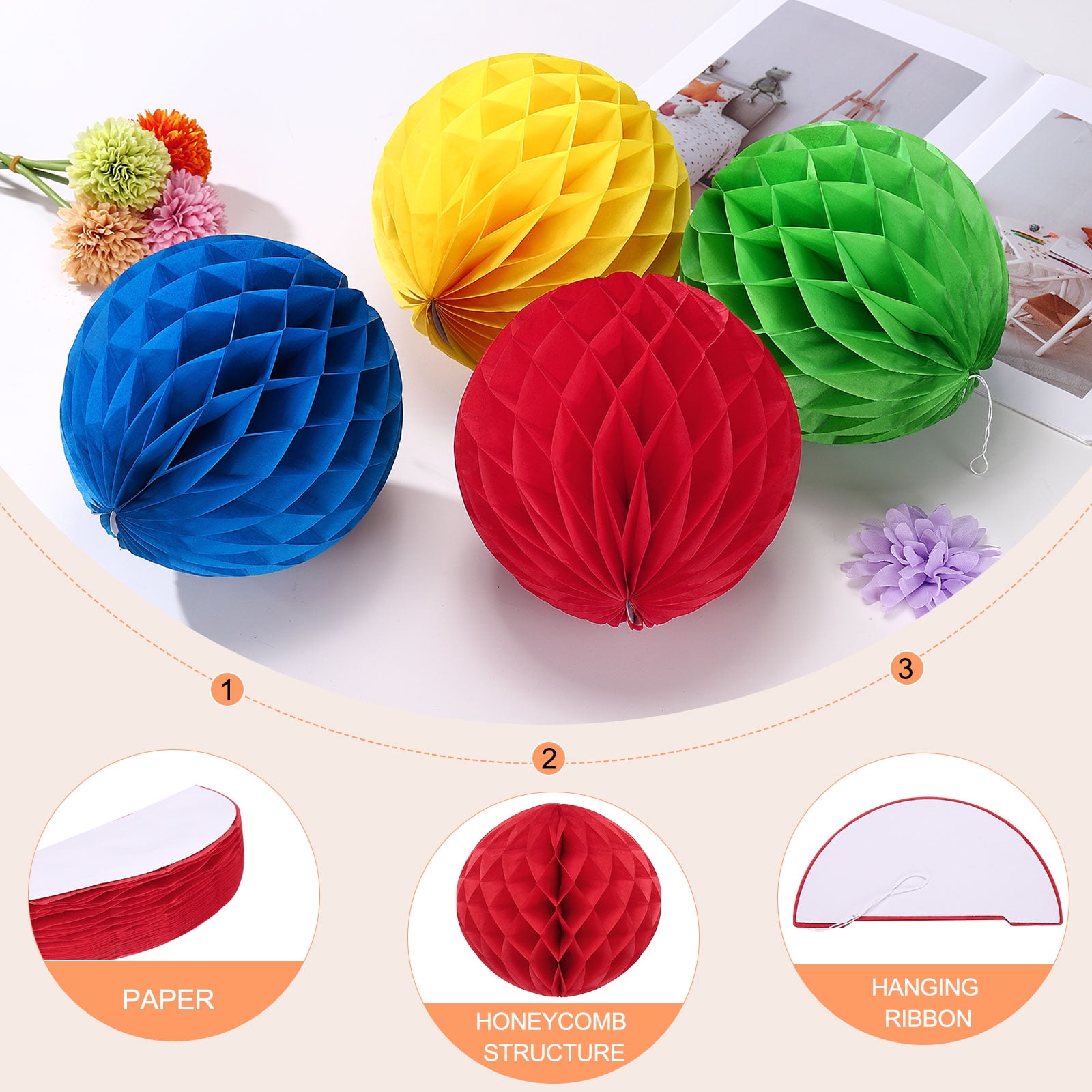 Uxcell 8 Pcs Honeycomb Balls, 10" Dia Honeycomb Flower Paper Pom Poms Paper Flowers Crafts for DIY Crafting Home Decor Birthday Christmas Party, Red
