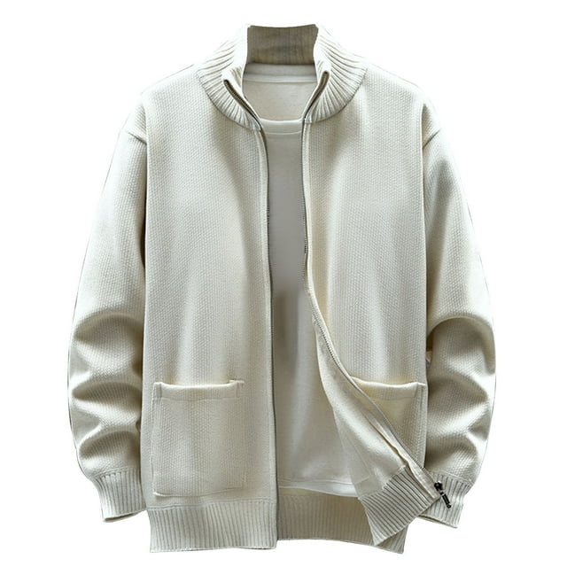 NJDVHB Manteaux d'Automne et d'Hiver pour Hommes, Cardigans pour Hommes, Cardigans à Col Rond en Tricot Uni, Fermeture Éclair Décontractée, Beige, G