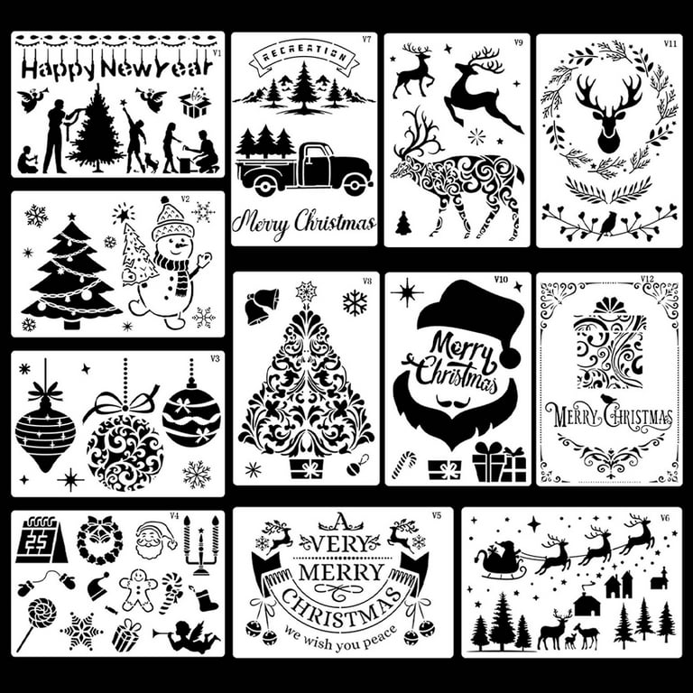 12 Pieces Christmas Stencils Template Reusable Plastic Craft for