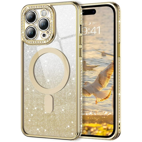 iPhone 14 Pro max Case, [Compatible with MagSafe] Magnetic Clear Glitter Slim Bling Diamond Rhinestone Sparkle Luxury Plating Women Girly Soft Shockproof Protective Phone Cover 6.7 Inch, Gold