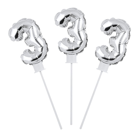 Fun Express Self-Inflating Number 3 Birthday Silver Mylar Balloons, 6 Count, 6 Inch