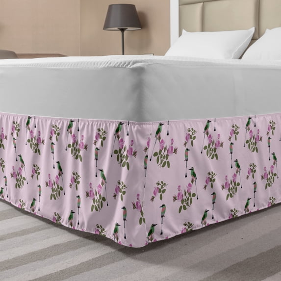 Bird Bed Skirt, Romantic Arrangement of Rhythmic Exotic Flying Animals Rose Flowers, Elastic Bedskirt Dust Ruffle Wrap Around for Bedding Decor, 4 Sizes, Pale Mauve Multicolor, by Ambesonne