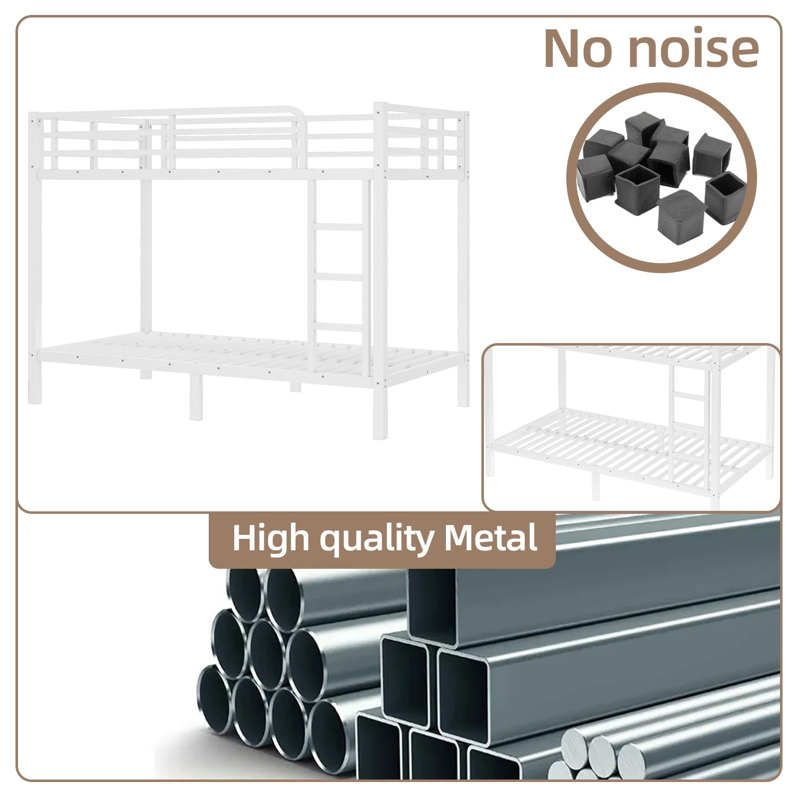 Miniyam Twin XL Over Twin XL Metal Bunk Bed with Top & Bottom Guardrails, Side Ladder, Quiet Metal Slats, White