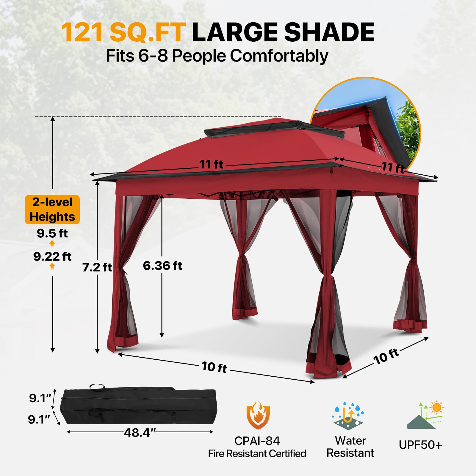 COOS BAY 11x11 Pop-Up Instant Gazebo Tent with Mosquito Netting Outdoor Canopy Shelter with 121 Square Feet of Shade, Red