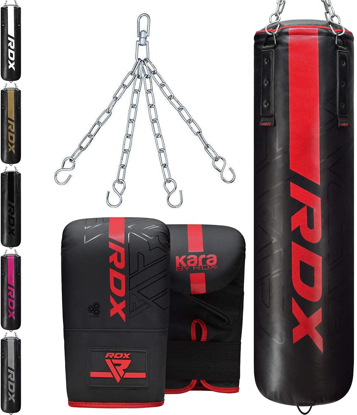 KARA Patent Pending RDX 17PC Punch Bag 5ft 4ft Heavy Filled Set Kickboxing Boxing MMA Muay Thai Karate Training Workout Non Tear Maya Hide Leather Adult Bag with Wall Bracket Punching Gloves Chain