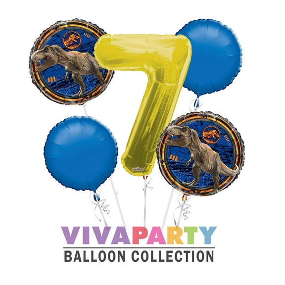 Jurassic World Round Balloon Bouquet 5 pc, 7th Birthday, Gold Number 7 Jumbo Balloon | Viva Party Balloon Collection