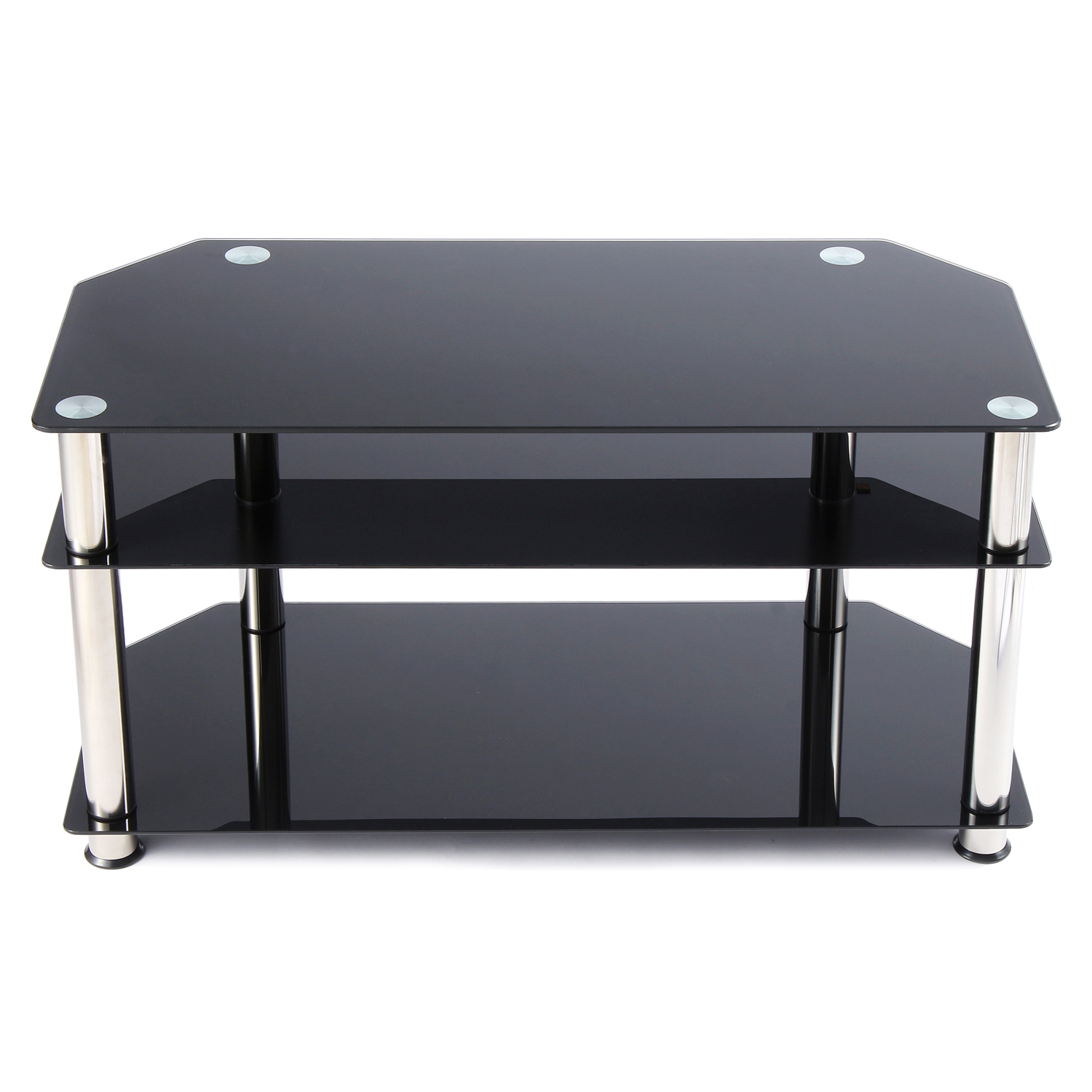 Rfiver Black Glass Floor Corner TV Stand with Chrome Legs for TVs up to