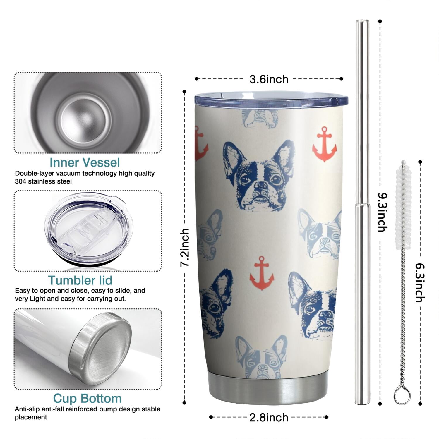 20 Oz Anchor and Bulldog Dog Coffee Tumbler Double Wall Insulated Stainless Steel Water Bottle | Metal Reusable Thermoses Flask with Cup Cap | Leak & Sweat Proof with Anti-Dust Lid