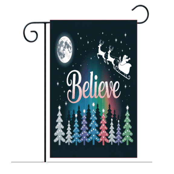 Believe Christmas Garden Flag – Santa Sleigh, Moon & Trees - 12x18 Yard Décor
