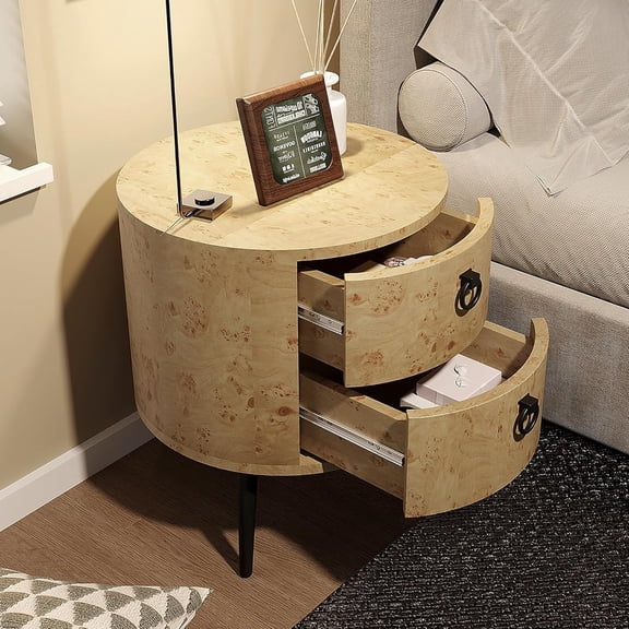Modern Round Side Table with 2 Drawers - Stylish Wood-Grain Accent Nightstand with Sturdy Metal Legs, Dual Storage Drawers for Bedroom, Living Room, Sofa End Table