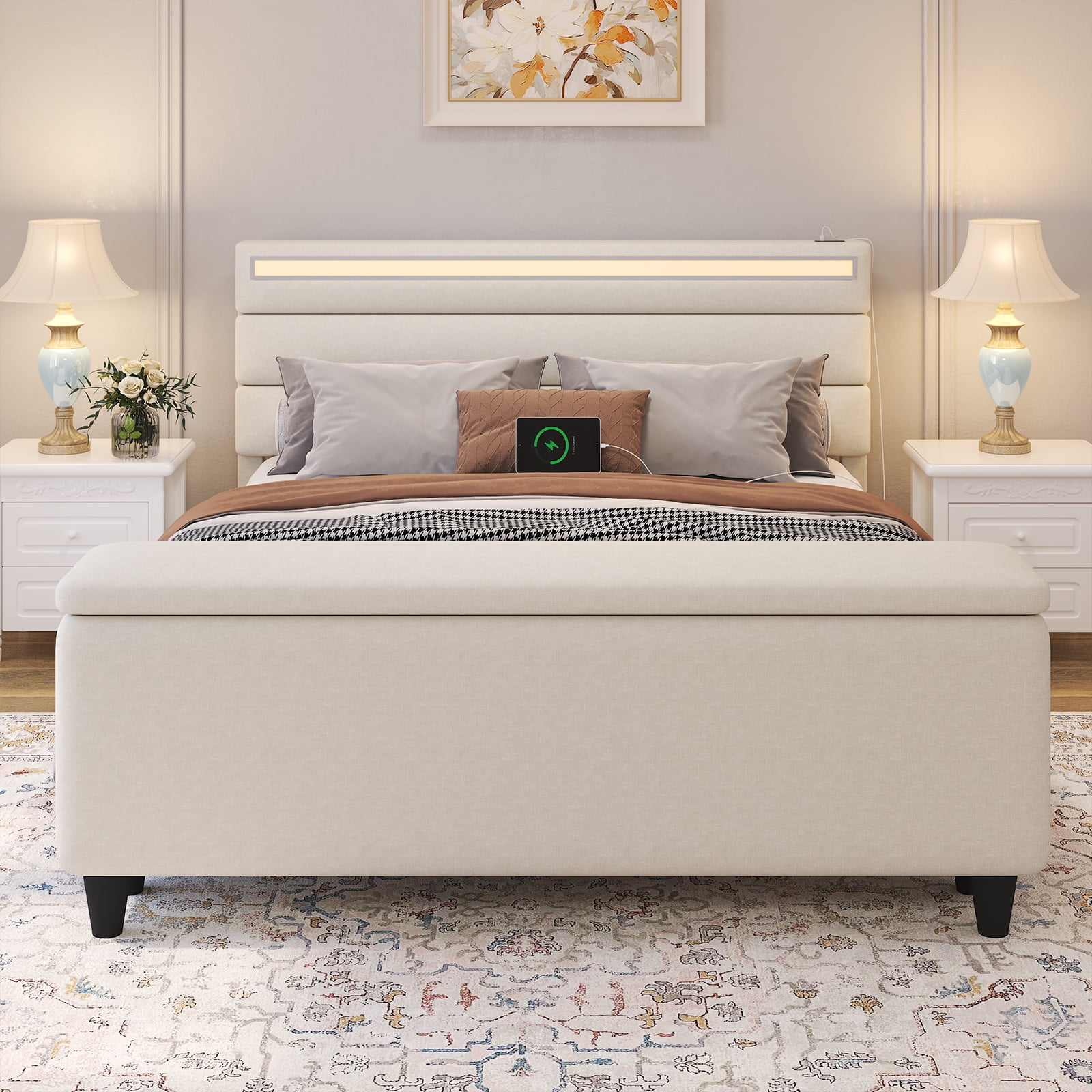 E-motie Full Upholstered Bed Frame with Storage Ottoman, Charging Station and LED, Beige Full Bed