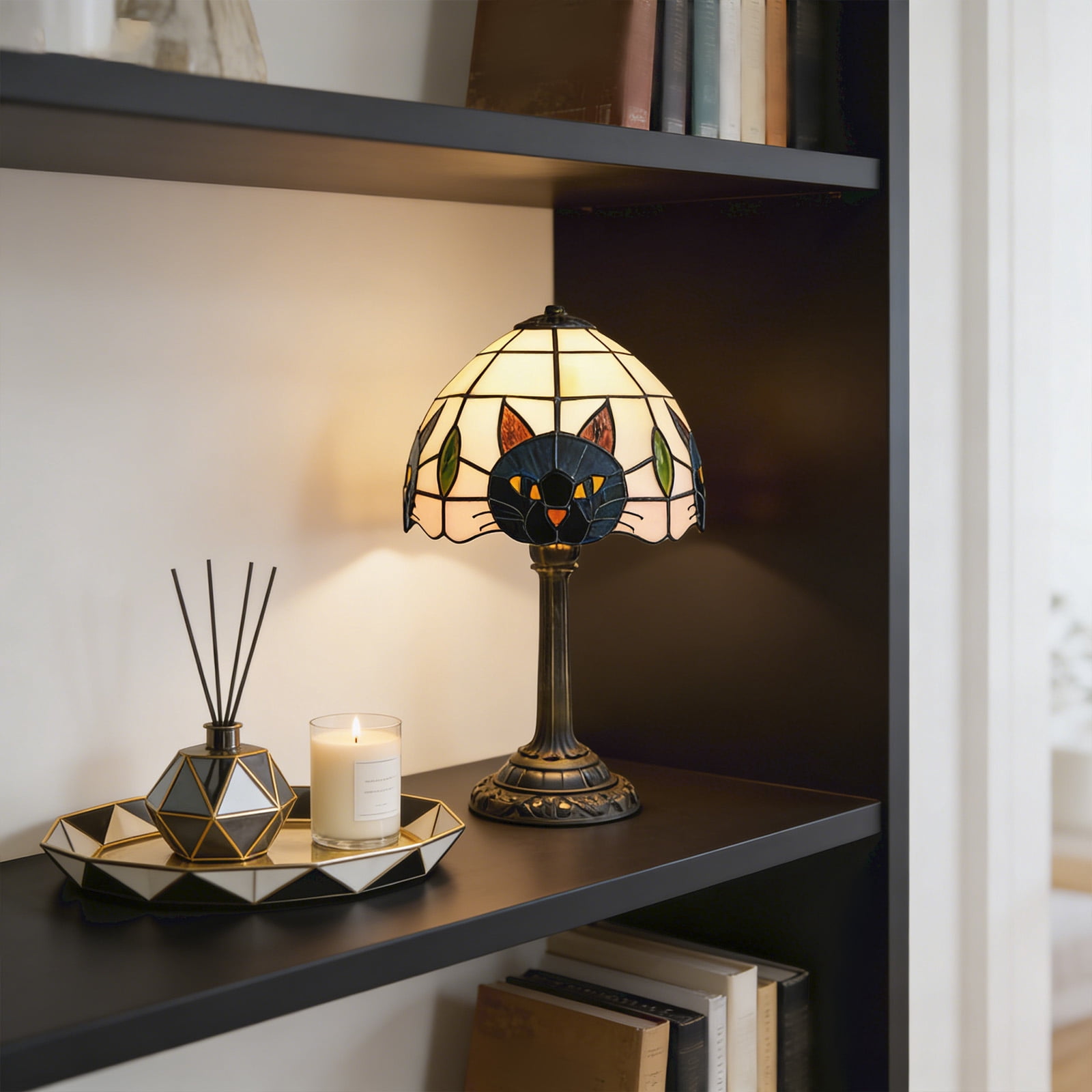 Black Cat Desk Lamp - Tiffany Style Stained Glass Black Cat Table Lamp with Bronze Base, Cute Cat Head Night Light for Bedroom Living Room Office, Vintage Animal Home Decor Lighting