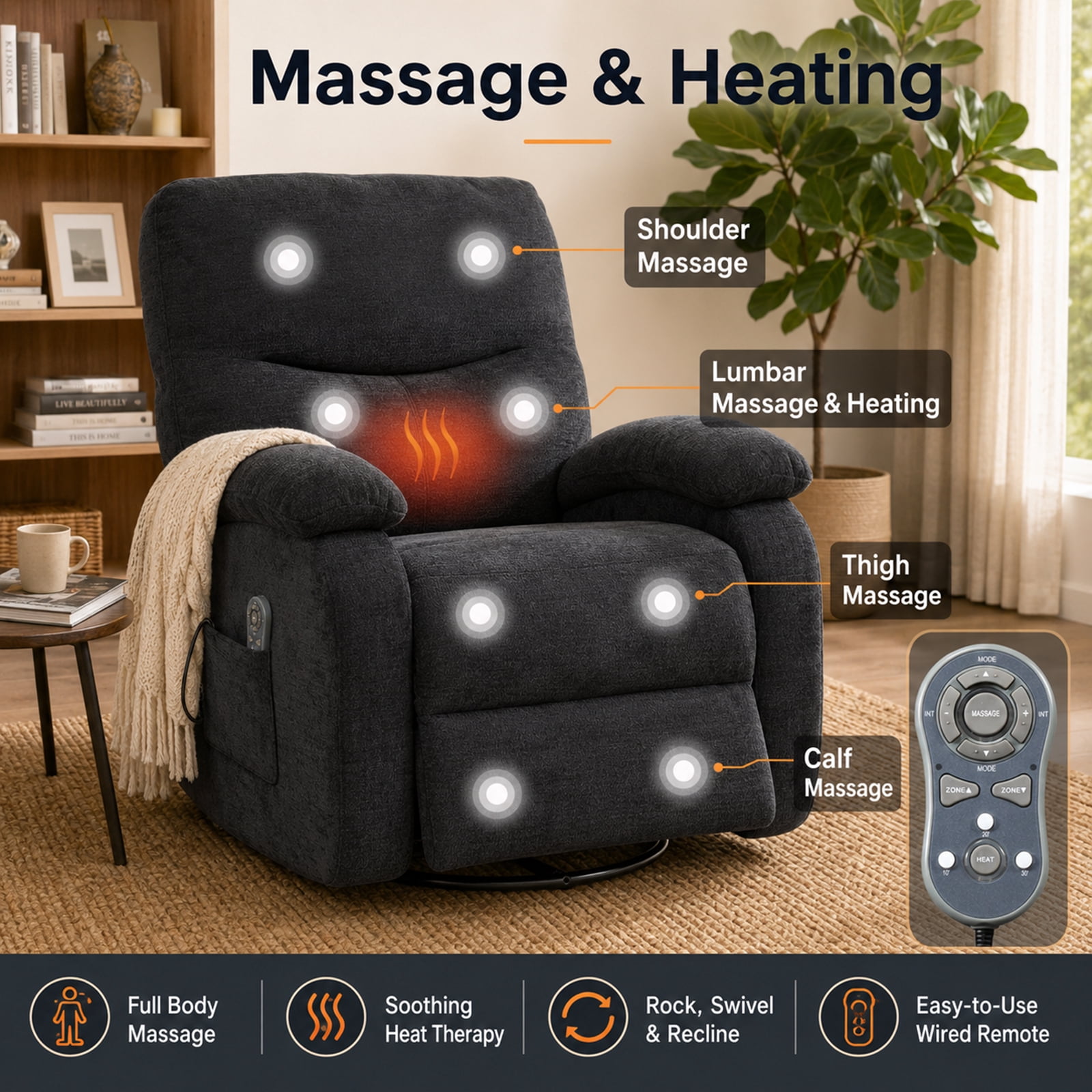 360 Swivel Manual Recliner Chair with Heat and Massage, Overstuffed Comfy Ergonomic Recliner for Elderly Seniors, Lumbar Back Pain Relief w/Pockets, Home Theater Living Room, Black