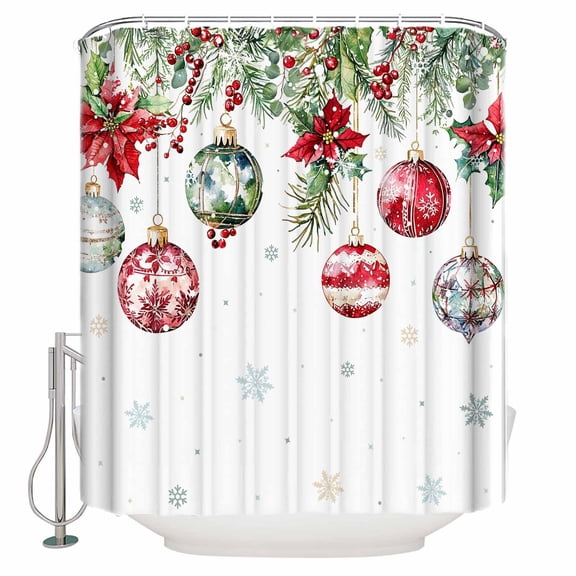 Small Stall Shower Curtain 48x72 Inch Narrow Half Size Christmas Balls Bath Curtains Bathroom Decor Red Green Xmas Botanical Snowflake Waterproof Fabric Shower Curtain Set with Hooks 48 Inch