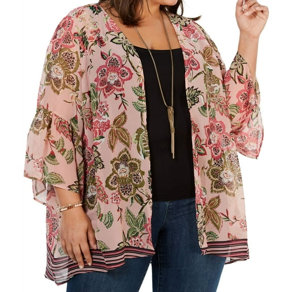 Style & Co. Womens Floral Kimono Jacket, Pink, Plus Size, 2X
