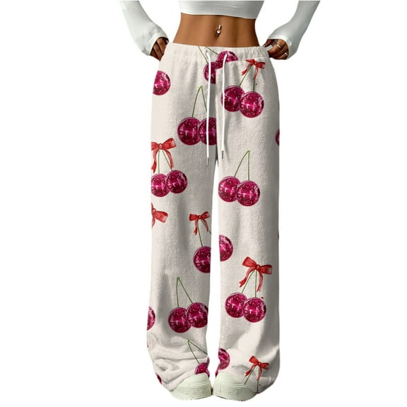 Hearthz Women's Fleece Pajama Bottoms Bow Fuzzy Fleece Cozy Elastic Waist Wide Leg Sleep Pants with Pockets Fall Winter Warm Women Pajama Bottoms
