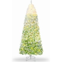 Lumiparty 6ft Prelit Artificial Christmas Tree, Pre-Lit Snow Flocked Pencil Christmas Tree with RGB & Warm White Lights, Foldable Base, for Holiday Decoration, Party, Green