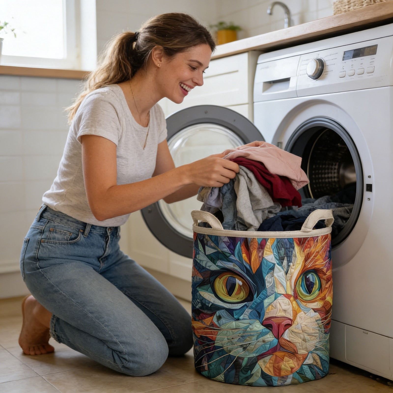 Quilted Laundry Boho Cat Animal Storage Hamper for Nursery Bedroom Laundry Room Sturdy Laundry Hamper with Handles for Home Storage and Laundry Organization Freestanding Utility