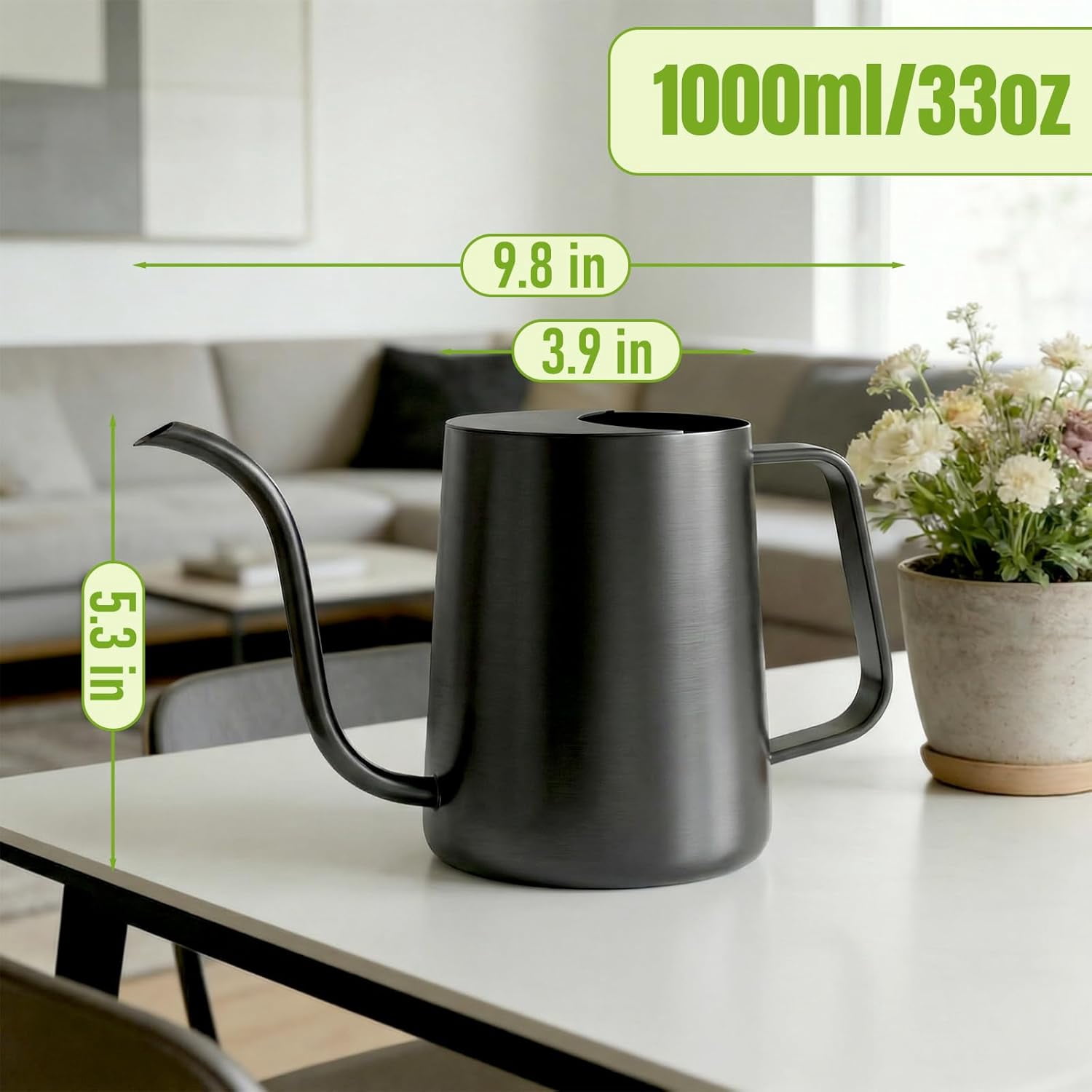 34oz/1000ml Watering Can Indoor Plants with Long Spout, Plant for Ergonomic Handle, Rust-Resistant & Durable 304 Stainless Steel, Office Home (Black)