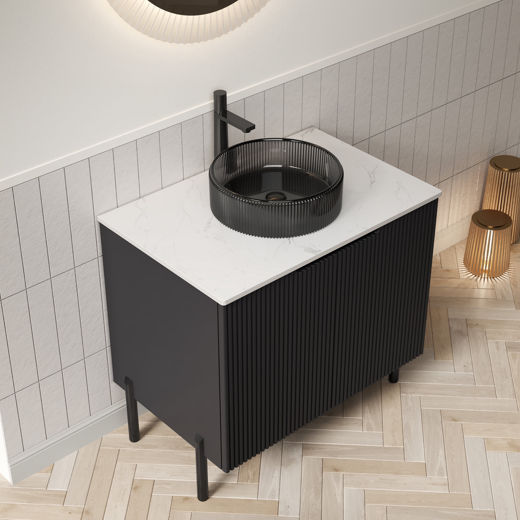 Noble House TURIO 30" Bathroom Vanity with Sintered Stone Countertop, Storage Cabinet, Black Glass Round Basin, Black