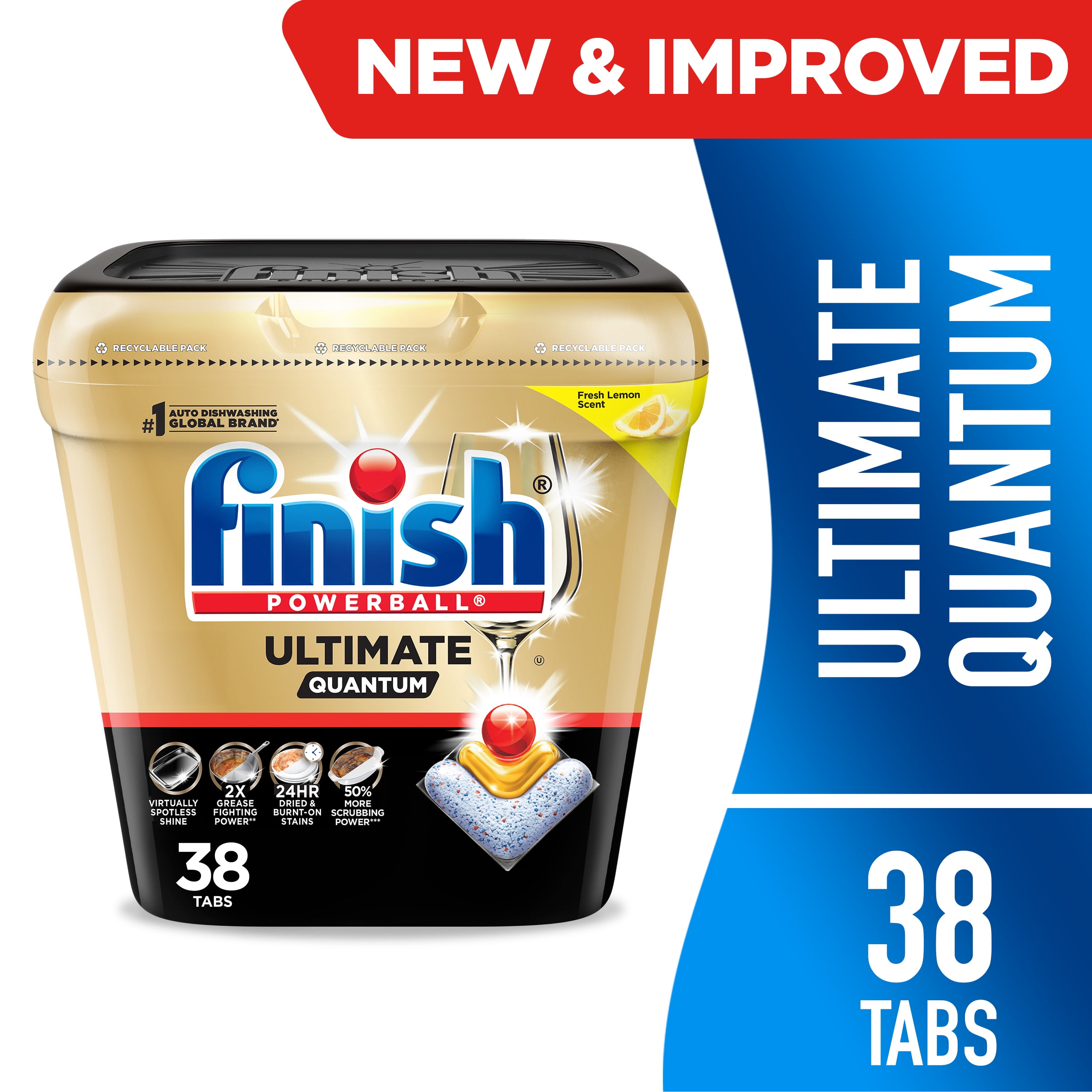 (3 pack) Finish Ultimate Quantum Dishwasher Pods, Dishwasher Detergent Dish Soap, 50% More Cleaning Power, Lemon Scent, 38 Tabs