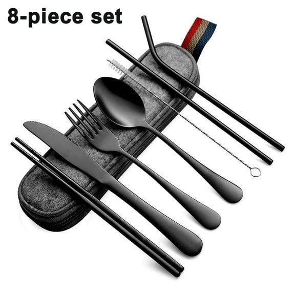 Quickwittc 8-Piece Reusable Utensil Set with Case - Portable Travel Cutlery Including Dinner Knife, Fork, Spoon, Chopsticks, and Boba Straw - Stainless Steel for Camping and