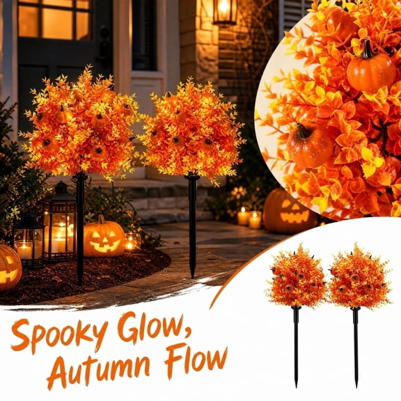2 Pack, Halloween Garden Stakes 22 Inch Fall Leaves Decor with Pumpkin Accents Solar Powered Halloween Lights Outdoor for Yard Path Porch Walkway Halloween Decorations Outdoor