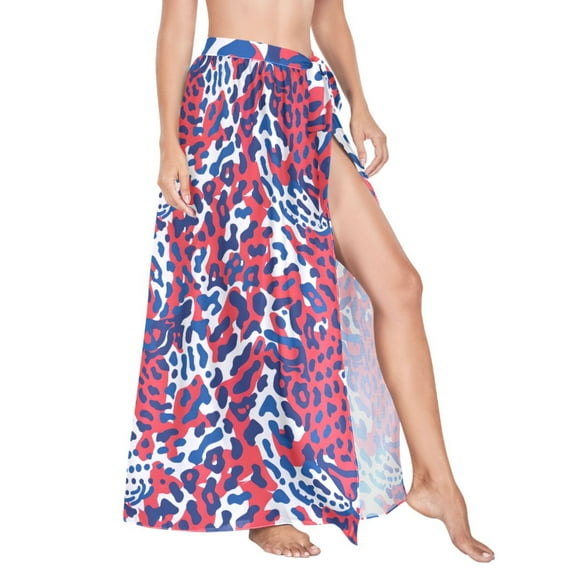 Women Sarong Wraps Leopard with Red Swimsuit Beach Pareo Bikini Coverups Skirt M