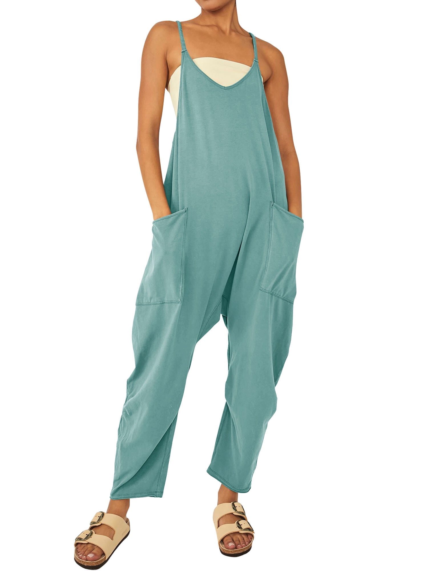 Solid Color V-Neck Pocket Jumpsuit HN4HHH66KN