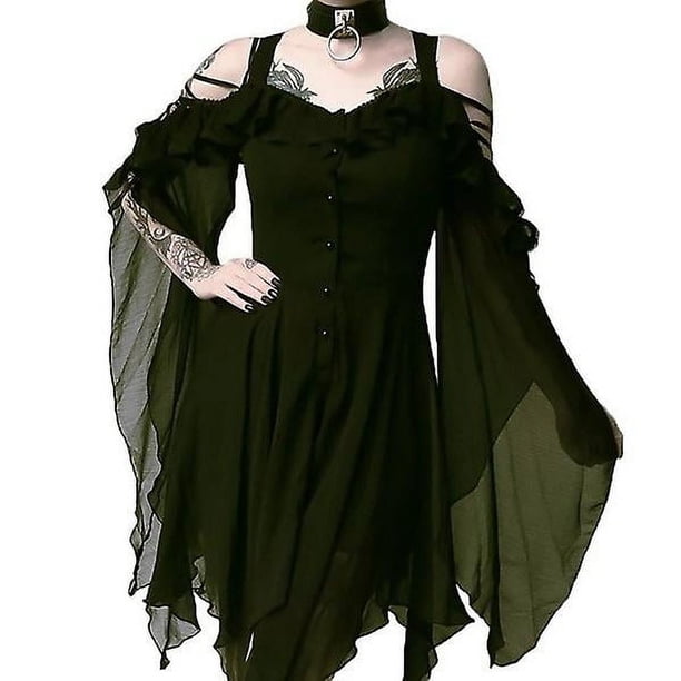 Vestido con botones irregulares y mangas con hombros descubiertos y tirantes de 5 colores y 8 tamaños de Halloween