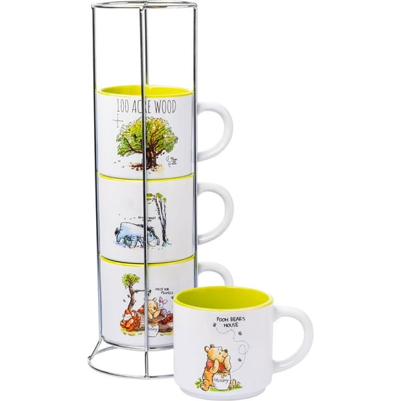 Silver Buffalo Winnie the Pooh 100 Acre Wood Destination 4-Pack Ceramic Mug Stack, 10-Ounces