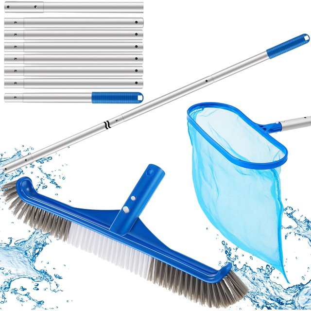 3 Pcs Swimming Pool Cleaning Kit,12 ft Telescopic Aluminum Pole16.9 Inch Brush Head with Fine Mesh Skimmer Net Swimming Pool Cleaner for Spas, Hot Tub Fountains