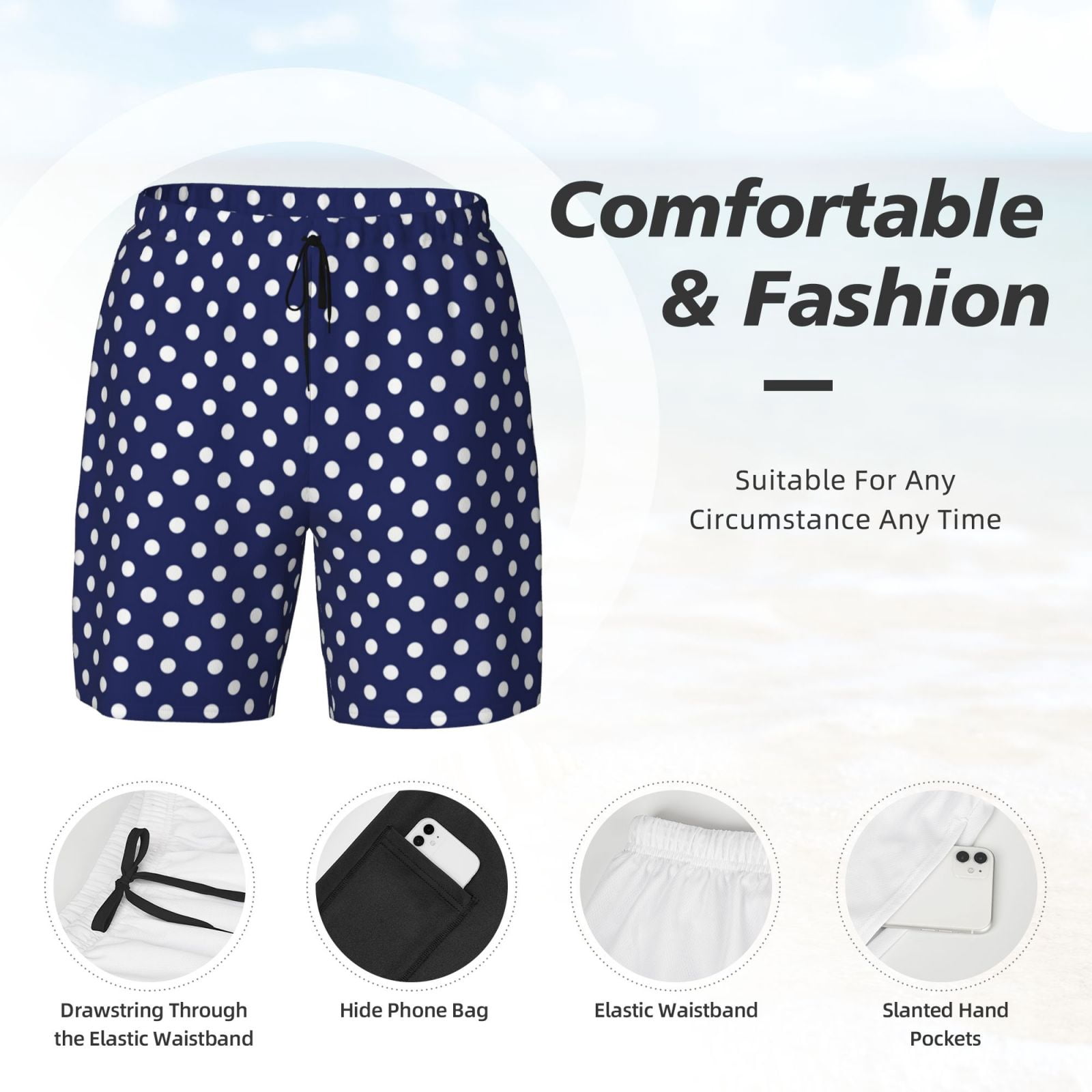 Men's Deep Blue And White Dots Swim Trunks with Compression Liner Bathing Suit Swimwear