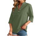 thumbnail image 7 of VSSSJ Shirts for Women Solid Color 3/4 Sleeve Cotton Linen Pullover Tops V Neck Buttons Front Comfy Holiday Office Loose Fit T-Shirt Army Green XL, 7 of 7