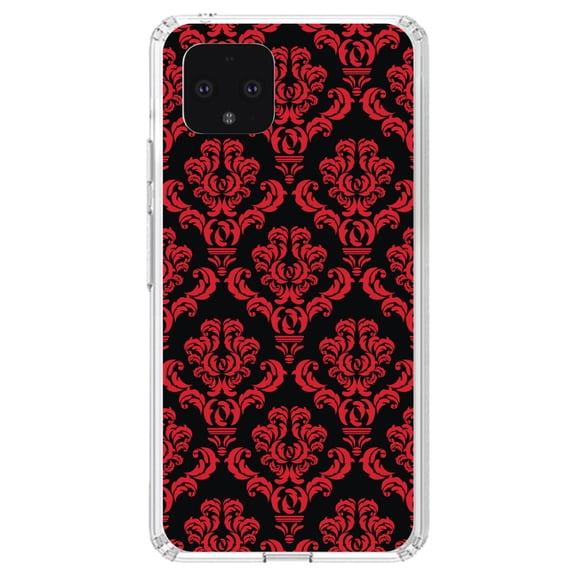 DistinctInk Clear Shockproof Hybrid Case for Google Pixel 4 (5.7" Screen) - TPU Bumper, Acrylic Back, Tempered Glass Screen Protector - Black Red Damask Pattern - Floral Damask Pattern
