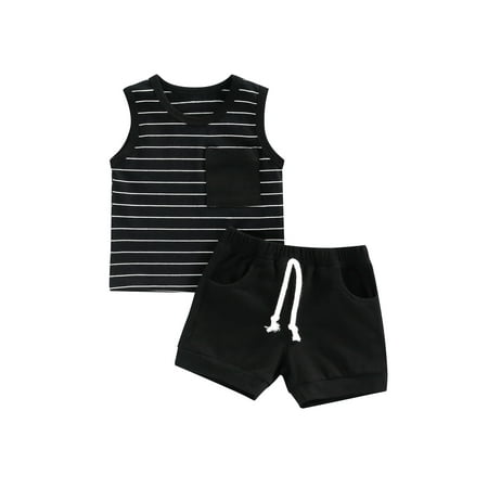 

Bagilaanoe Toddler Baby Boys 2pcs Shorts Set Stripe Sleeveless Tank Tops + Elastic Waist Shorts 6M 12M 18M 24M 3T Summer Casual Outfits