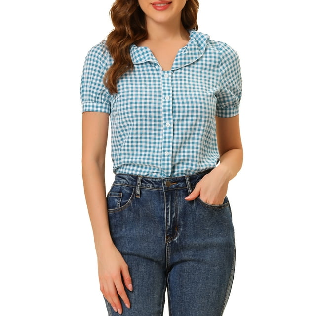 INSPIRE CHIC Women's Blouses Peter Pan Collar Puff Short Sleeves Ruffle Plaid Shirt Tops L Black