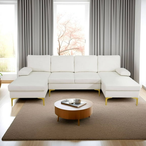 99.5" U-Shaped Sectional Sofa with Double Chaise, Modern Modular Sleeper Couch with Gold Metal Legs, Living Room Sofa Set, Off-white