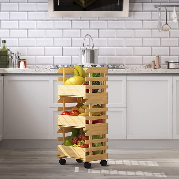 Bamboo Fruit Basket Stand, Potato and Onion Storage Cart, 3-Tier Fruit Basket with wheels, Vegetable Storage for Kitchen Floor (Self-assembly)