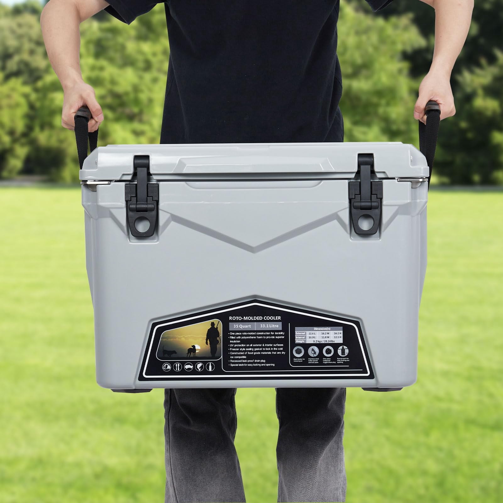 35 Quart Portable Ice Cooler, Heavy Duty Ice Chest with Portable Cup Holder, Fish Ruler, Bottle Openers, Camping Cooler for Beach Boat ,Cold Grey
